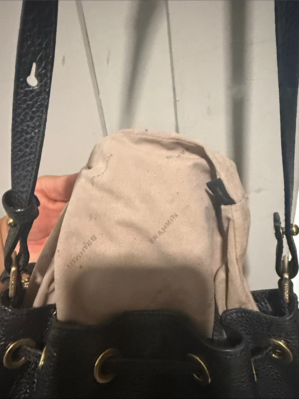 Brahmin Black Pebbled Leather Drawstring Hobo with Gold Hardware